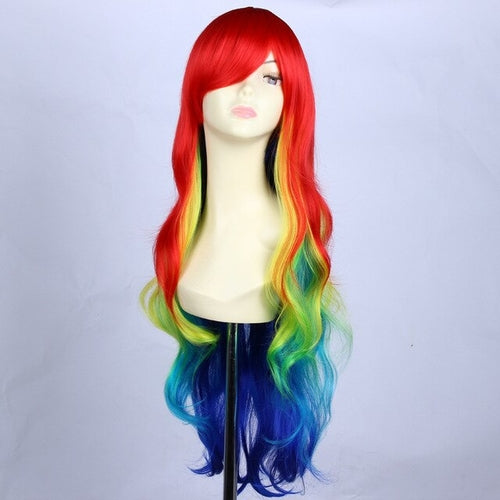 Anime Long Wavy Rainbow Party Wig With Bangs