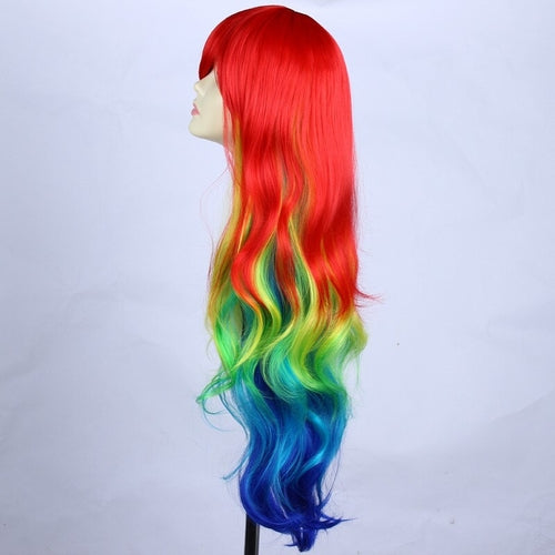 Anime Long Wavy Rainbow Party Wig With Bangs